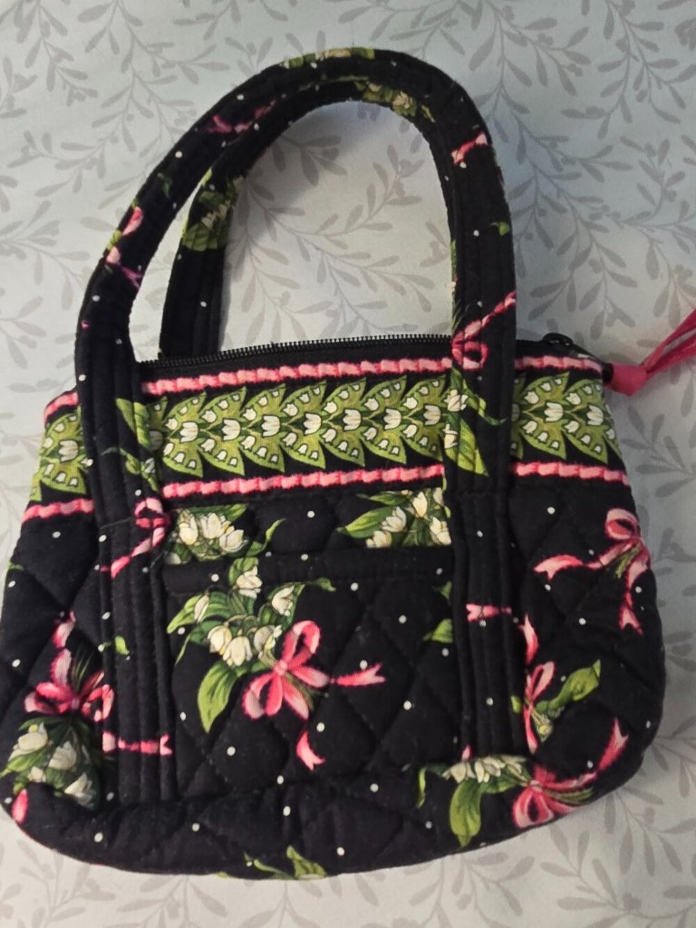 Retired Vera Bradley Mini Handbag New Hope Black Floral Pink Ribbon